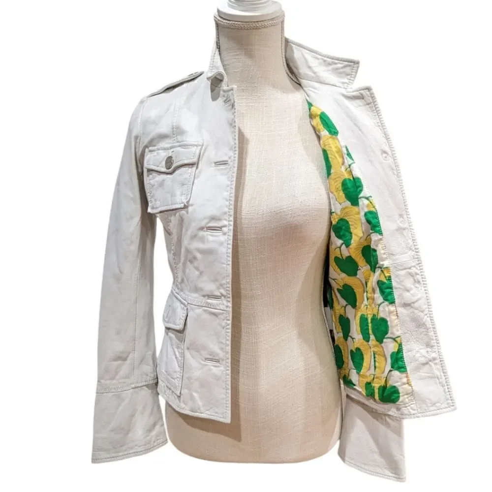 Tory Burch Women's Genuine Leather Utility Military Jacket in White Size 2